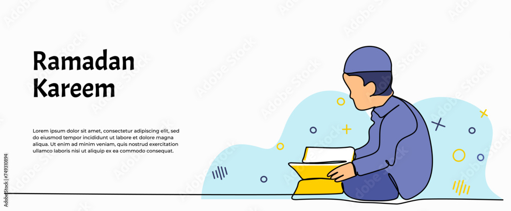 Poster vector illustration of of a little boy reading the al-qur'an. modern flat in continuous line style.