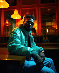 Cool man in blue attire with shades at a bar, moody lighting, relaxed demeanor, and urban style.