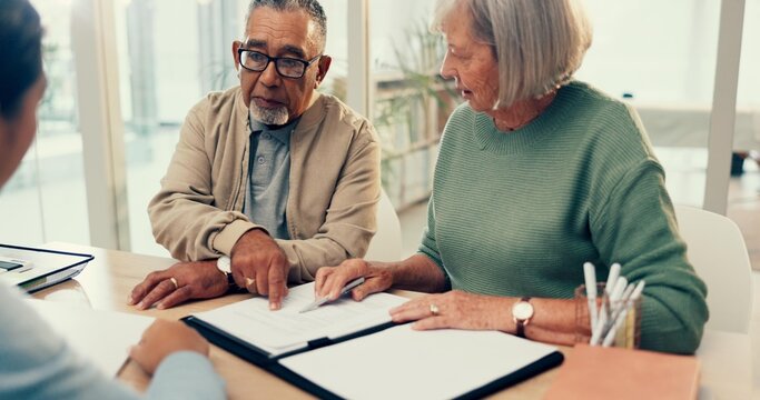 Conversation, lawyer or old couple with will, contract or document for retirement funding or life insurance. Plan, advisor or married elderly clients with legal form or title deed agreement with help