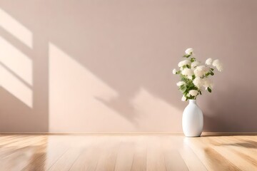 white flowers in a vase with mock up wall