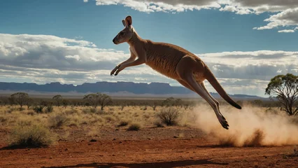 Deurstickers A cute kangaroo mid jump in mid air against a backdrop of an outback landscape and showcasing the powerful grace of its movement © mdaktaruzzaman