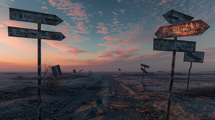 Desolate Road Signs Pointing to Distant Horizons - obrazy, fototapety, plakaty