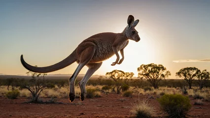 Foto auf Acrylglas A cute kangaroo mid jump in mid air against a backdrop of an outback landscape and showcasing the powerful grace of its movement © mdaktaruzzaman