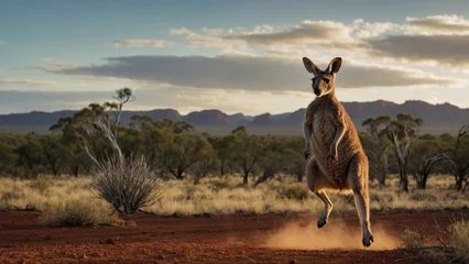 Foto op Plexiglas A cute kangaroo mid jump in mid air against a backdrop of an outback landscape and showcasing the powerful grace of its movement © mdaktaruzzaman