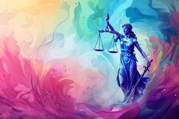 abstract background for Remembrance Day for Truth and Justice Colorful ilustration of a statue of Lady Justice holding a scale of justice. 
