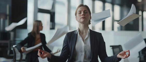 A businesswoman meditates amid a flurry of papers in a modern office. - obrazy, fototapety, plakaty