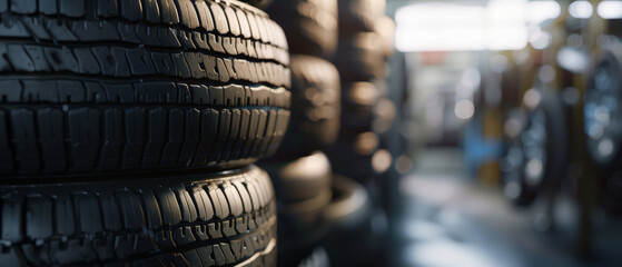 A row of new tires at a car service center, showcasing tread details.
