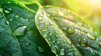 Beautiful large clear rain drops on green leaf macro Morning dew drops shine in the sun. natural background. - obrazy, fototapety, plakaty