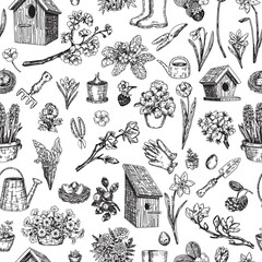 Spring time seamless pattern. Ornament of berries, bird houses, gardening tools, blooming tree, wild flowers, berries. Design in retro engraving style.