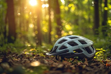 A bicycle helmet in the foreground with a tranquil woods setting behind, highlighted by sunlight, symbolizes the balance of adventure and safety