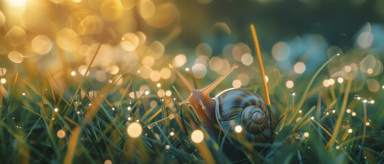 A golden-hour dreamscape with a snail traversing dewy grass, sparkling with bokeh light.
