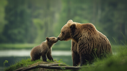 Mother bear is playing with her cub on the riverbank, wild animal wallpaper