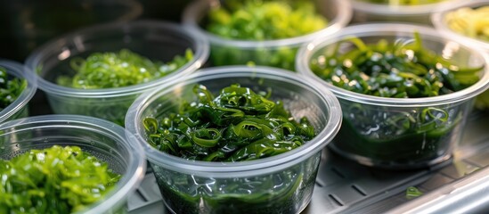 A bunch of plastic cups filled with green vegetables, specifically chuka wakame laminaria seaweed salad, ready for consumption or delivery. - obrazy, fototapety, plakaty