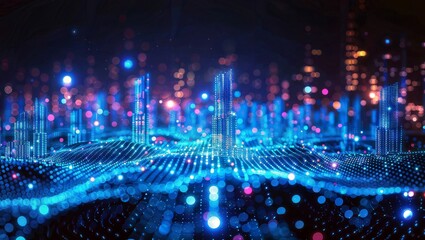 Cyberpunk Holographic City: Cityscape filled with data holograms and neon lights, showcasing a cybernetic world.