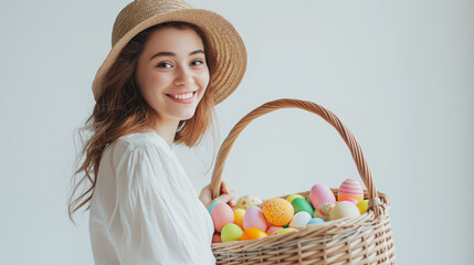 Happy young woman with wicker easter basket isolated white background. Copy Space, space for text