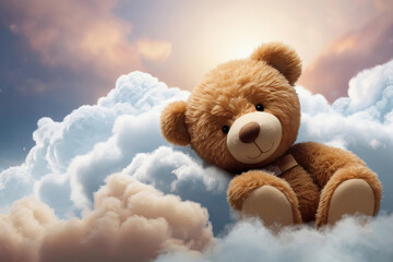 Adorable Baby Teddy Bear Sleeping on Cloud: A Dreamy Delight for All Ages. Generative AI.