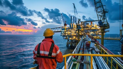 Operator records the operations of oil and gas processes at oil plants and drilling platforms. Offshore oil and gas industry Operator inspects production process Daily diary as usual.