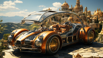 Retro Car Wheels: Black Vintage Auto on the Road for Classic Travel Experience in Old Street Vehicle Driving, generative AI
