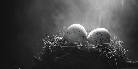 Close up of bird nest with two eggs, Eggs with a nest and branch sitting A bird's nest with four eggs in it

