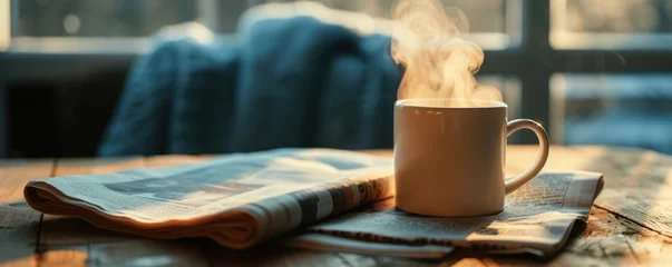 Keuken spatwand met foto coffee cup or mug on wood table. Fresf hot coffee in cup from side view © Filip