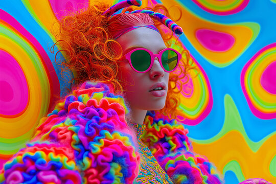 Magazine fashion photography eccentric ginger hair model, wearing 3d couture tufted neon blown up chunky eccentric fluffy couture, eccentric tufted puffy background