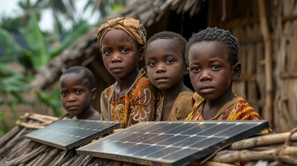 Solar panels pieces in Africa, African kids with solar panel sitting and looking to the camera