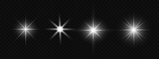 A realistic vector illustration of various light effects on a black background, including sparkling stars and flickering and flashing lights.Collection of different light effects on black background