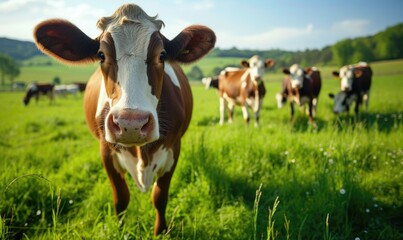 Cows herd on the green grass. - obrazy, fototapety, plakaty