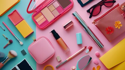 Top view of essential beauty items. Women's cosmetics and accessories.