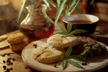 Delicious homemade cookies with CBD hemp and leaf ingredients. Medicinal articles. Medical marijuana treatment for food use