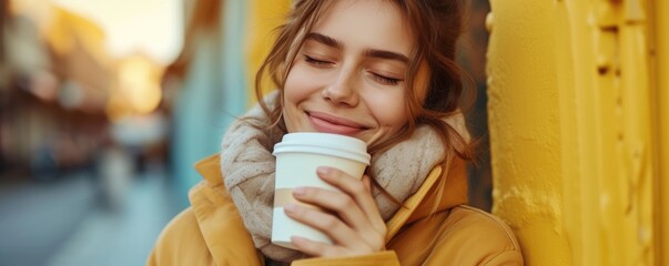 Happy woman with eyes closed and smell takeaway coffee - obrazy, fototapety, plakaty