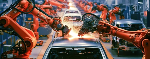 Foto op Plexiglas Automated robot arm assembly car parts at line in an automotive factory. © Filip