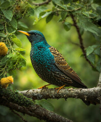 starling on a branch in the forest