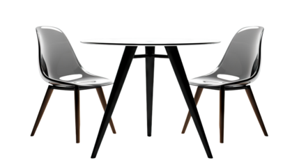 Modern furniture set featuring two sleek chairs and a round table, cut out