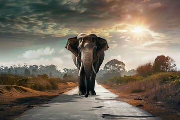 Single elephant walking in a road
