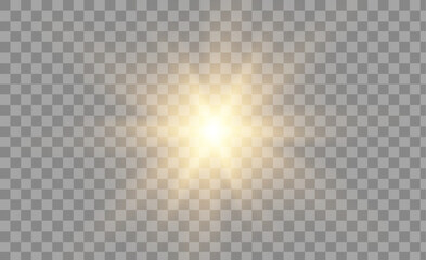 set of golden glowing light effects isolated on a transparent background. Sun flashes with rays and spotlight, creating a glowing light effect. Starburst with glitter effect.