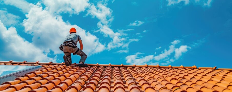 Roofing tiles installation in process.