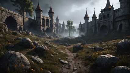 Medieval fantasy landscape with dark atmosphere