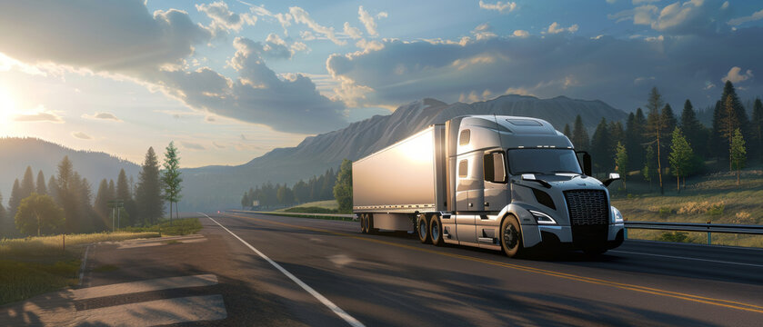 Serene sunrise paints a semi truck on a mountainous journey with beams of dawn light.