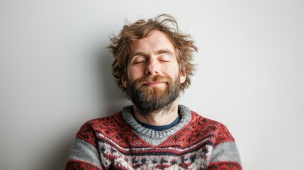 Happy man with beard, eyes closed, plain background