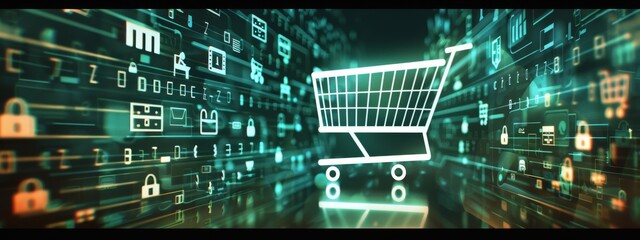 Banner for technology website with online shopping icons, futuristic banner with green tone 