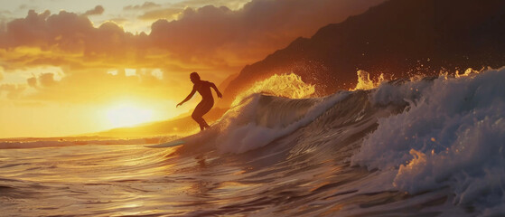 Surfer riding a golden wave at sunset. - obrazy, fototapety, plakaty