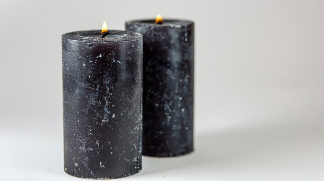 Two black candles with flame on a flat background
