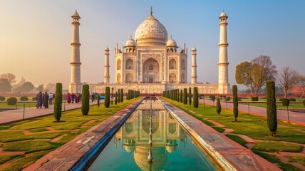 Taj Mahal on a bright and clear day.