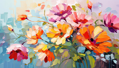 Delicate blossoms in soft pastels; a symphony of orange, pink, and teal dancing against muted tones.
