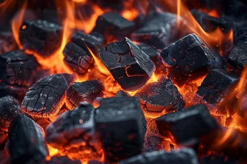 Papier Peint photo Texture du bois de chauffage Glowing coal or pieces of wood. Fire embers close up 