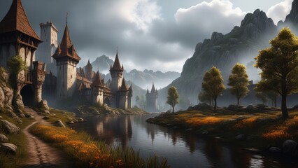 Medieval fantasy landscape with dark atmosphere