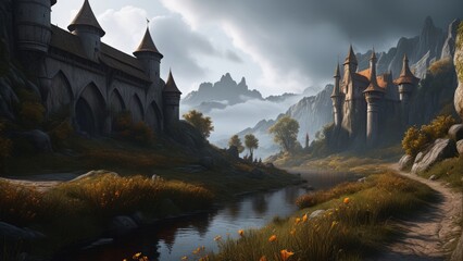 Medieval fantasy landscape with dark atmosphere