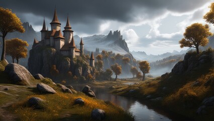 Medieval fantasy landscape with dark atmosphere