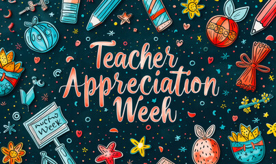 Teacher Appreciation Week artfully celebrated with vibrant hand-drawn educational icons and colorful calligraphy on a chalkboard background